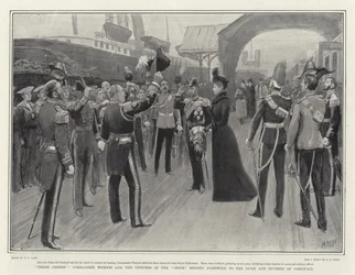 Driewerf Hoera, Commandant Wemyss en de Officieren van de Ophir nemen afscheid van de Hertog en Hertogin van Cornwall